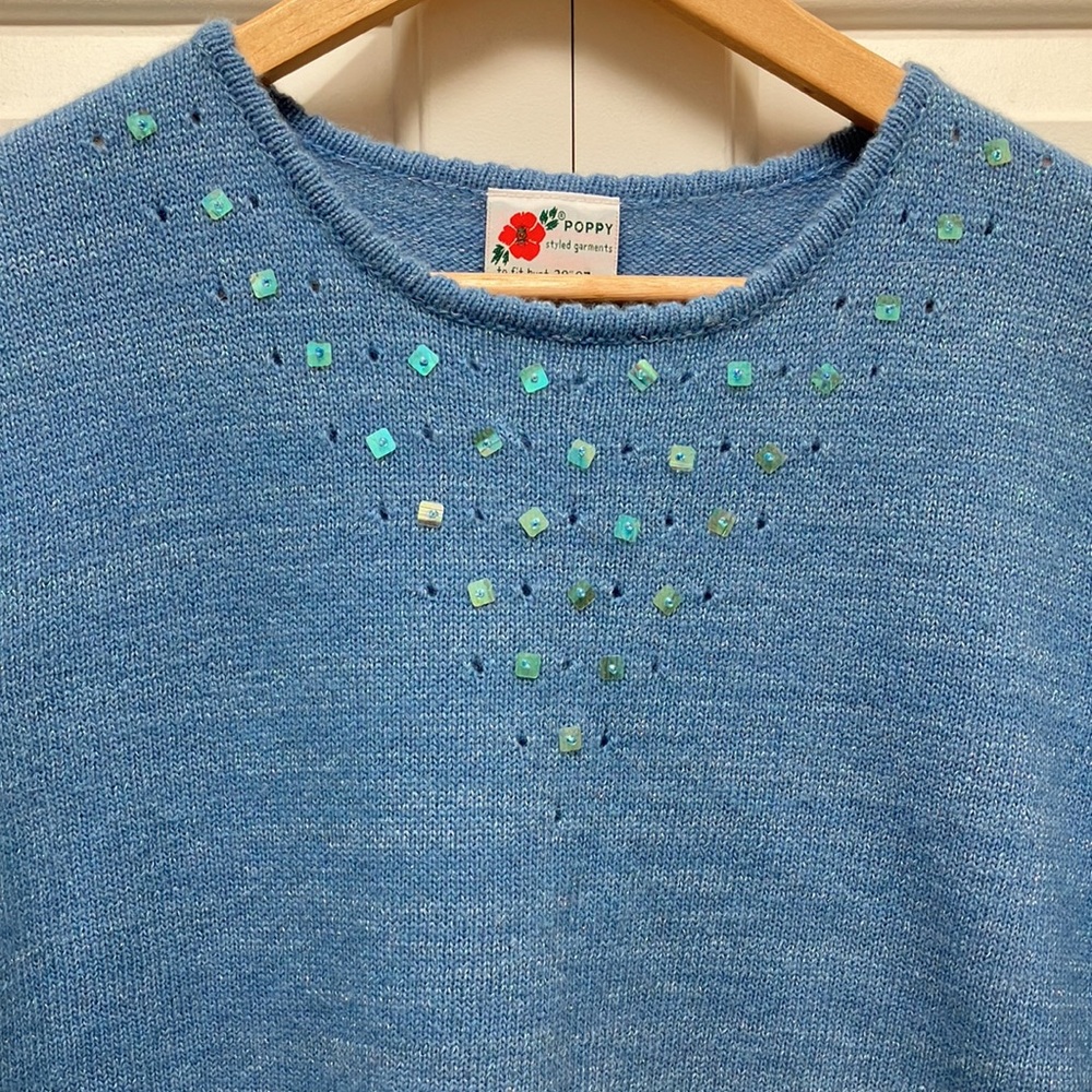 Vintage short sleeve wool Twee sweater, angora & lambswool, scoop neck, blue M